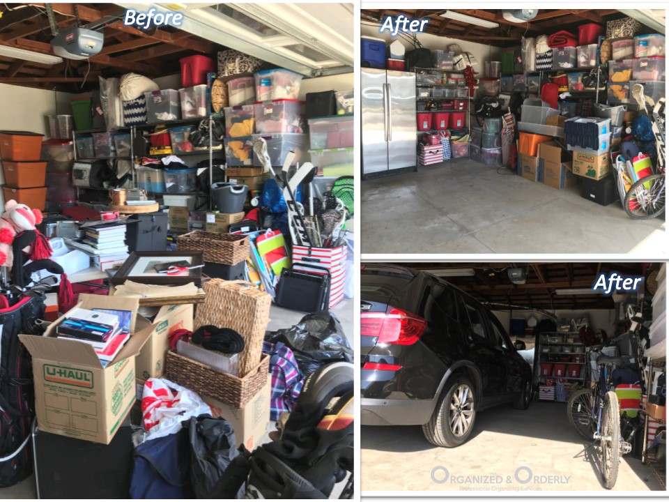 Before and after organizing of garage